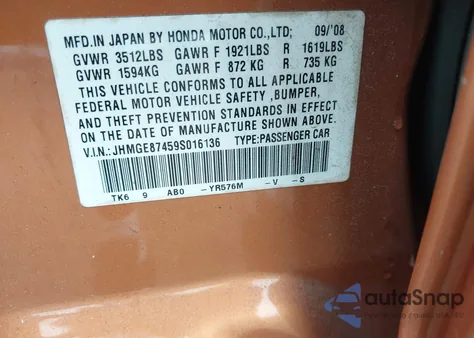 2009 Honda Fit Sport из США, поврежденный, VIN JHMGE87459S016136